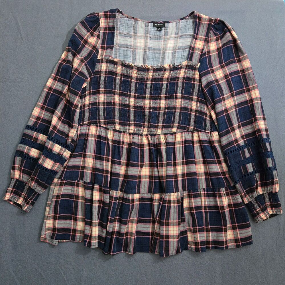 Torrid Womens 1X Navy Plaid Babydoll Rayon Slub Lace Inset Smocked Tiered Blouse